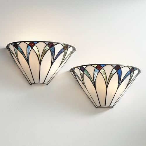 Image of Regency Hill Filton Vintage Tiffany Style Wall Light Sconces Set of 2 Bronze Metal Hardwired 12 1 /4 inch Fixture Blue White Art Glass for Bedroom Bathroom Vanity Living Room Home Hallway Dining