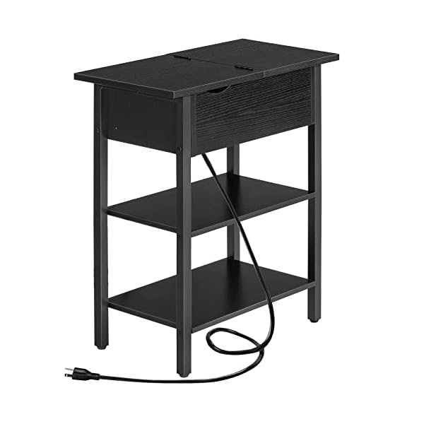 HOOBRO Side Table, Flip End Table with Charging Station and Shelves, USB Ports & Power Outlets, Narrow Nightstand for Small Spaces, Stable and Sturdy, for Living Room, Bedroom, Black BK341BZ01