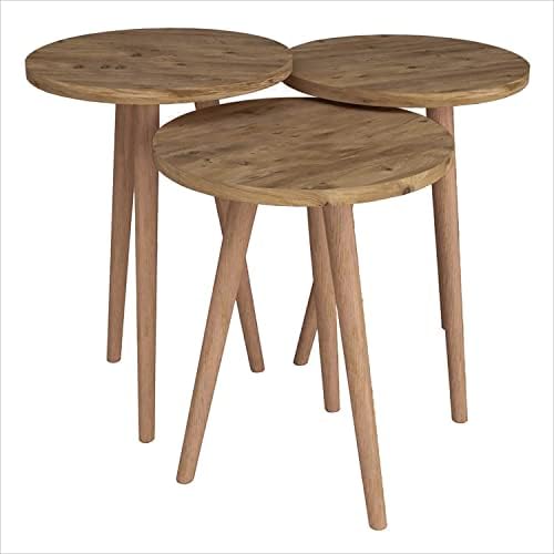 Evdekimoda 3 Piece Set Coffee Table Wood for Living Room and Office, Side table End Table Nested Coffee Tables (Antique Pine, Round)