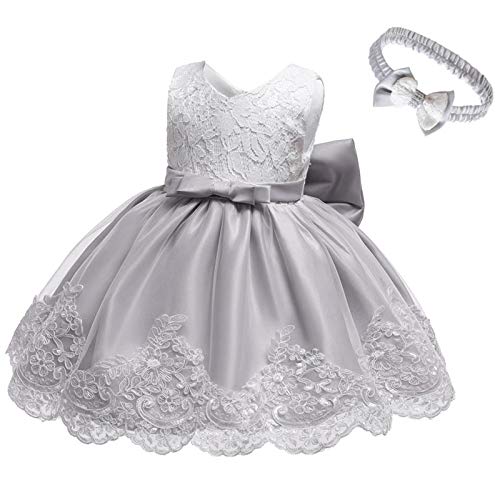 Formal Tutu Bowknot Princess Wedding Baby Clothes Lace Dress+Headband Girls Set Baby Holiday (Grey, 18-24 Months)4