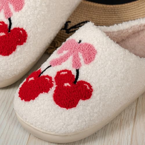Cute Embroidered Cherry Slippers Women Men Winter Indoor House Shoes Bow Cozy Plush Cotton Thick Sole Warm Couple Slippers2