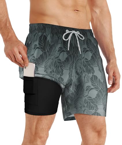 APTRO Men's Swim Trunks 2 in 1 Sportshorts Swimming Shorts Board Surfing Shorts Gym Running Short 7 inch Summer Beach Shorts Quick Dry Gradient Palm Grey MK272 XXL