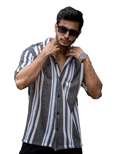 Image of Maniac Mens Striped Collar Neck Half Sleeve Jacquard Oversized Shirt