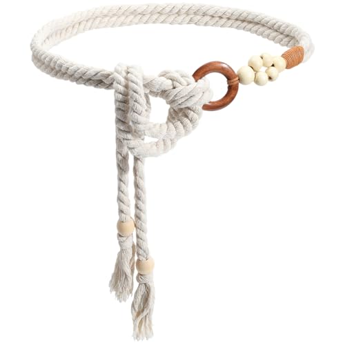 craspire Boho Seilgürtel Weißer Taillengürtel Mit Quaste Handgefertigt Gewebt Baumwollperlenring Bohemian Stil Gewebt Lang Schmal Dekoratives...