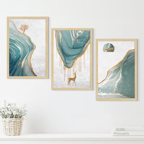 Image of ArtX Paper Golden Deer Paintings with Frame for Home Decor Wall Art, Wall Painting for Living Room, Multicolor, Natural Wood Color Frames, 12.0x18.0 inch, Set of 3
