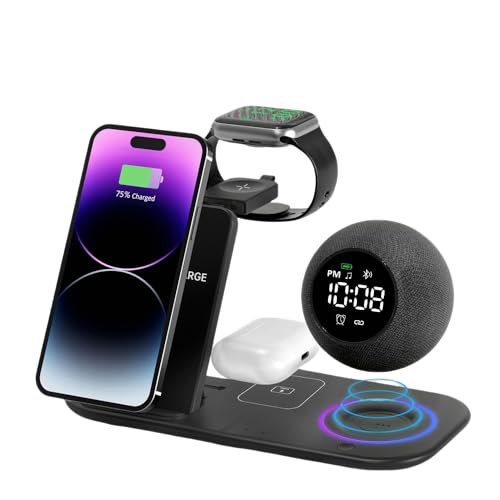 Wireless Charger with Alarm Clock, 6 in 1 Wireless Charging Station, 15W Fast Charge Portable Travel Charger, Magnetic Wirelss Charger Stand for Cell Phones, Watches, Headphones