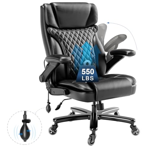 Raynesys Big and Tall Office Chair 550lbs, Ergonomic Office Chair with Adjustable Lumbar Support, High Back Computer Chair with Heavy Duty Flip-up Armrests & Metal Base, Bonded Leather, Black