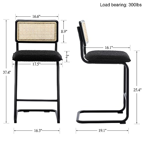 Flouki Counter Stools Set Of 2, Boucle Fabric Stool Bar Chair 25", Black Armless Barstool Chair, Modern Style Chair Bar With Hand-Woven Rattan Back, For Bar, Kitchens And Dining Areas #TOP6