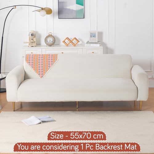 Image of HOKIPO Sofa Backrest Cover with Tassel | 300 GSM Thick Cotton Acrylic Jacquard Fabric Backrest Mat, Size 55x70 cm,'Trivana Series' Coral Orange (IN-932-J2)