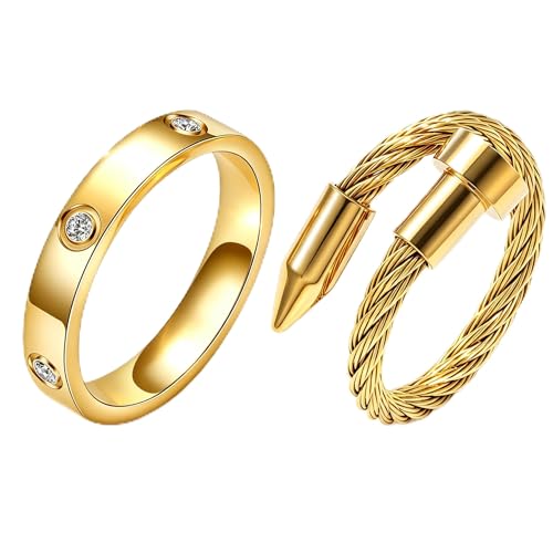 ISELBDR Love Friendship Ring 18K Gold-Plated Stainless Steel Promise Ring Wedding Band Jewelry Birthday Gifts for Women (Gold 7)