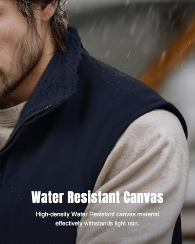 Image of HISEA Men's Washed Duck Sherpa-Lined Vest, Mens Loose Fit Winter Insulated Canvas Workwear Mock-Neck Vest