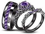 P M-ENTERPRISES Men's & Women's Purple Amethyst Engagement Wedding Band Trio Ring Set 14k Black Gold Finish 925 Sterling Silver