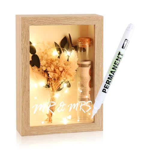 iulrtba Presentes de casamento para namorados, presente de dinheiro para casamentos, inclui flores secas, caixa de madeira, tubo de plástico, grinaldas luminosas, presentes de dinheiro para casamento