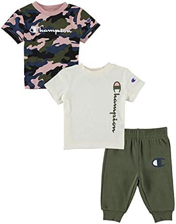 Champion Sets Baby Boy Newborn Two Tees and Fleece Pant 3 Piece Set Baby Clothes (Desert Camo SS/Natural SS/Cargo Olive Fleece, 0-3 Months, 3_months)