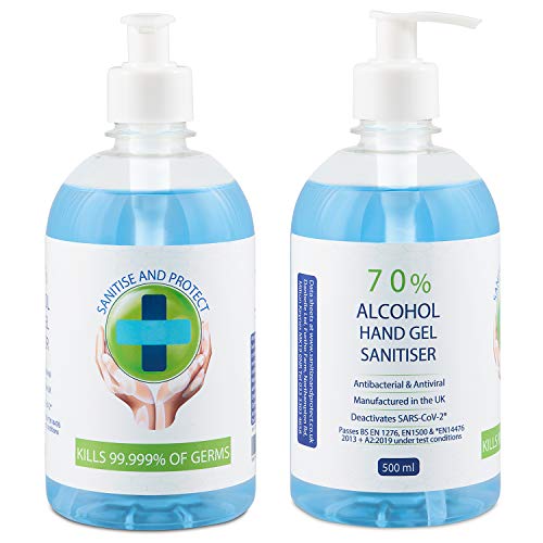Sanitise and Protect - 70% Alcohol Hand Sanitiser Gel 500ml x 2 (2 for The Price of 1) | Effective Against 99.99% of Germs | Immediate Protection | Made in UK