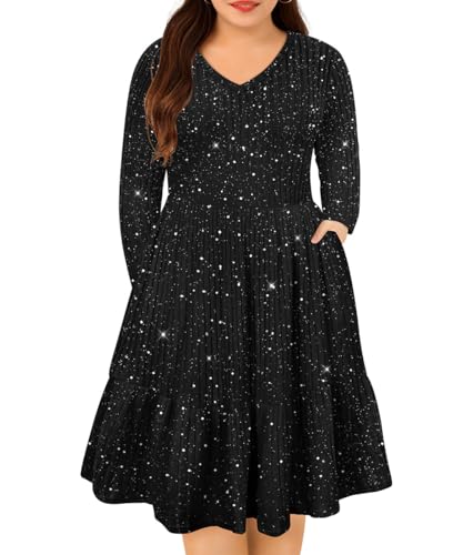 CARCOS Plus Size Dresses for Curvy Women Crew/Vneck Long Sleeve Dresses Ladies Knee Long Fall Winter Dress with Pocket XL-5XL