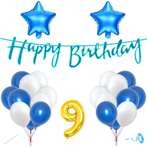 Image of Flyloons 9th Happy Birthday Decoration Kit Blue White for Boys Girls Kids Twins Men Women With 20 Pcs Metallic Balloons Birthday Banner 2 Pcs Star Items Set