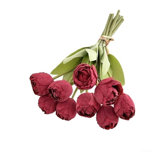 Bouquet de tulipes artificielles à 9 têtes avec bords brûlés pour décoration d'intérieur, arrangements de mariage, accessoires de photographie et utilisation saisonnière (grand rouge)