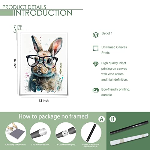 Blue Funny Glasses Bunny Canvas Wall Art Modern Colorful Cute Hippie Rabbit Room Aesthetic Posters Funky Farmhouse Woodland Animal Prints Paintings For Baby Girl Kids Nursery Decor 12X16In Unframed #TOP5