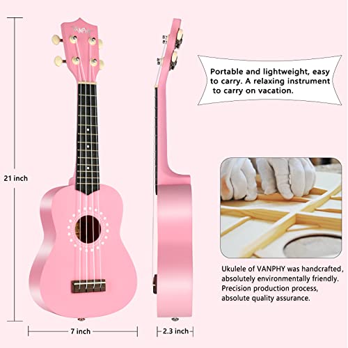 Vanphy Soprano Ukulele For Beginner Kids With Gig Bag,21 Inch Uke For Starter, Hawaiian Soprano Ukalalee Polishing Adults, Basswood 21 Inch Uke Bundle With Strap Picks Songbook Cleaning Cloth (Pink) #TOP1