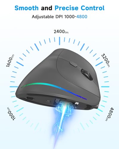 Image of AOC 2.4GHz Ergonomic Mouse, Wireless Bluetooth Vertical Mouse for Work, 4800 DPI Optical Tracking, 5 Adjustable DPI, Quiet Clicks, RGB Light, Compatible with Computer, Laptop, PC, Mac, Desktop - Gray