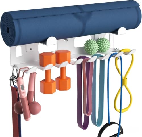 Gym Storage Rack Wall Mount for Resistance Bands,Heavy-Duty Gym Home RackOrganizer for Jump Ropes, Lifting Belts, Foam Rollers, Hula Hoops(White)