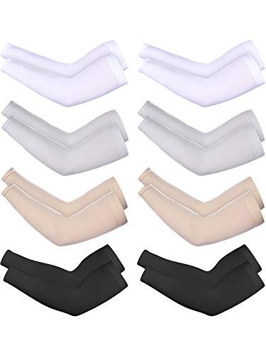 8 Pairs Unisex Ice Silk Arm Sleeve Sun Protection Cooling Sleeves for Men Women Tattoo Cover Up Riding Outdoor (Black, White, Grey, Skin Color, Adult Size)