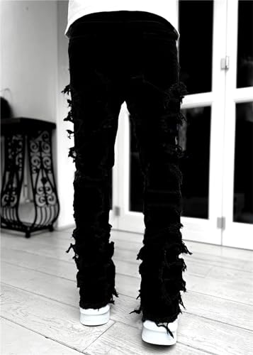 Mens Slim Fit Stretch Jeans Distressed Patchwork Stacked Frayed Skinny Denim Pants Straight Leg Trouser3