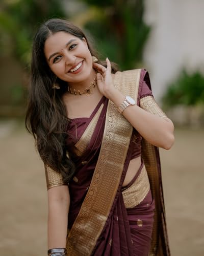 Image of Sugathari Women's Maroon Banarasi Kanchipuram Art Silk Saree for Women - Traditional Wedding & Party Saree with Blouse Piece - Ethnic Indian Silk Saree for Bridal, Festive (KS-156)