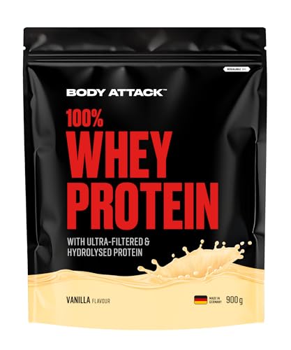Body Attack 100% Whey Protein - Vanilla, 900 g - Made in Germany - extra cremiges Eiweißpulver mit Hydrolysat und BCAA´s, unterstützt Muskelaufbau und Diäten, für alle Sportler & Athleten