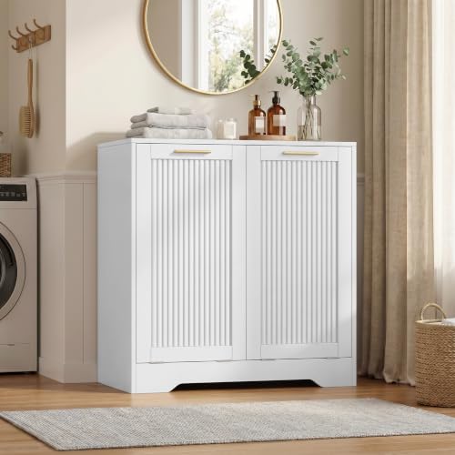 Mino Kesper Laundry Hamper Cabinet, Small Tilt-Out Bathroom Storage Unit with Narrow Hidden Basket Chest Bathroom Cupboard