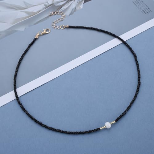 Vintage Seed Bead Choker Necklace Pearl Pendant Necklace Black Rice Bead Necklace Short Seed Bead Chain Necklace Boho Pearl Neckclace for Women3