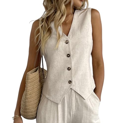 Fakanhui Damen-Weste, Leinen, V-Ausschnitt, Knopfleiste, Business, Arbeit, Urlaub, ärmellos, Blazer, Weste, Jacke, Beige, XX-Large