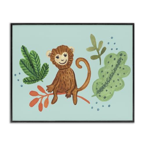'Cute Monkey Sitting Plants Leaves Illustration'| Framed Giclee Art