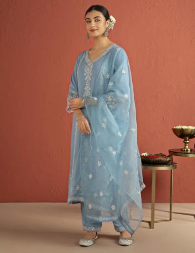 Image of Kaari Women's Chikankari Kurta Set with Dupatta - Straight Fit | Chikankari Embroidery & Lace Work | Lace on Sleeves | Organza Dupatta with Lace | Straight Pant with Side Pocket