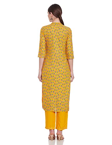 Anubhutee Women's Cotton Yellow Floral Printed Straight Kurta Suit Set With Pants