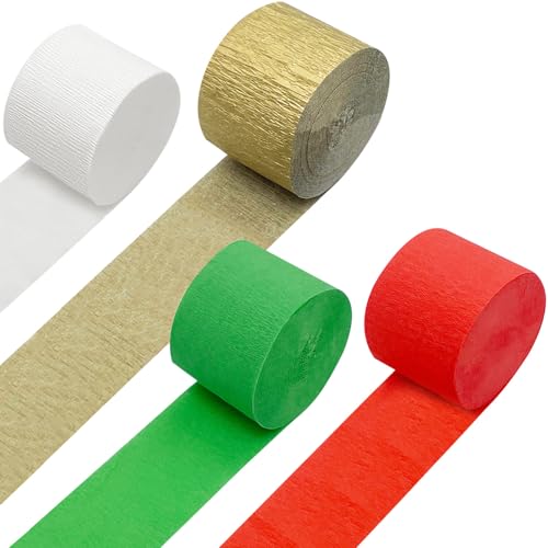 PheiLa Christmas Party Supplies 4 Rolls Red Green White Gold Crepe Paper Streamers for Wedding Birthday Baby Bridal Shower Home Party Backdrop Decorations 1.77 Inch x 82 Ft/Roll 328ft