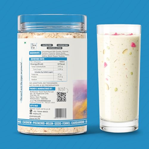 Image of TeaFit Zero Sugar High Protein Thandai Powder 200g - 18 Servings | Traditional 16 Ingredient Nuts, Seeds & Spice Blend | Ingredient Dense Summer Cooler | Add to Milk | No Artificial Flavors & Chemicals