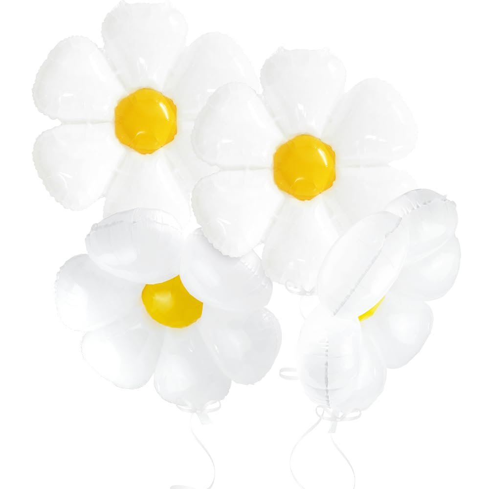 Photo 1 of ***** ONLY 1*****4D Floatable White Daisy Balloons White Flower Balloons Fairy Floral Daisies Flower Decorations, 4 Pack Huge 43''Garland Groovy Boho Daisy Party Supplies For Retro Hippie Birthday Baby Shower Wedding