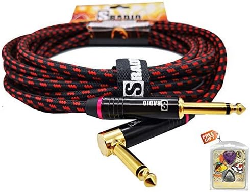 Guitar Instrument Cable 10 Foot, AMP Cord Right Angle 1/4-Inch TS to Straight 1/4-Inch TS Guitar Cable 10FT with Red Tweed Cloth for Electric Guitar,Bass,Keyboard