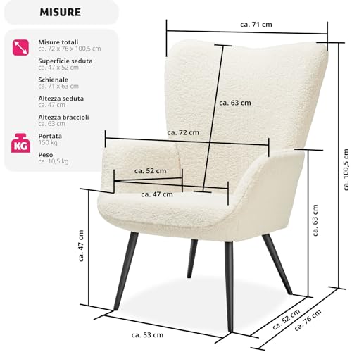 Tectake® Poltrona Imbottita, Poltrona Ergonomica Con Schienale E Braccioli, Poltrona Camera Da Letto, Poltrona Salotto Moderna, Carico Massimo 150 Kg - Senza Puof, Crema/Nero - 2