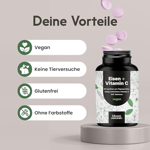 Eisentabletten hochdosiert mit Vitamin C- 365 Tabletten - Eisenbisglycinat/Eisen hochdosiert mit Vitamin C, Eisen Vitamine C vegan & produziert in Deutschland - Laborgeprüft