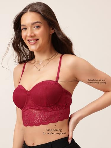 Image of Clovia Women Lace Solid Padded Full Cup Underwired Bralette Bra - Red
