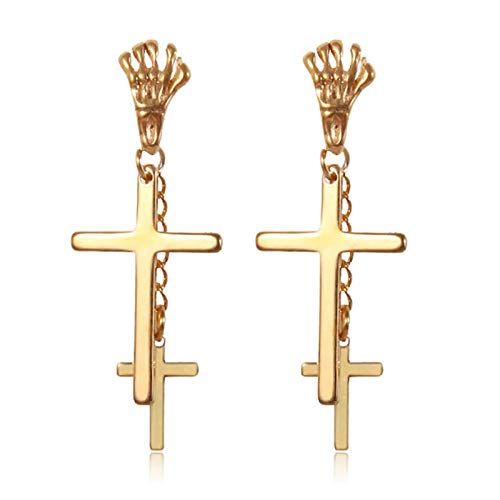 JZZJ 2pcs Unisex Hombre Acero Inoxidable Doble Cruz Colgantes Colgante Vintage Gótico Calavera Cráneo Stud Pendientes P?Oro?