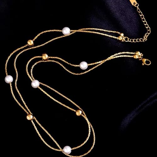 Collier de perles tendance chaîne de clavicule douce double couche dorée - 3