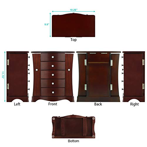 Rr Round Rich Design Jewelry Box - Made Of Solid Wood With Tower Style 4 Drawers Organizer And 2 Separated Open Doors On 2 Sides And Large Mirror Brown #TOP4
