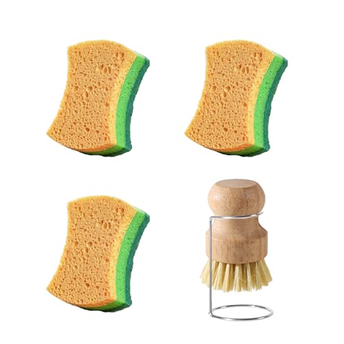 7 Pieces Cast Iron Cleaner Set Include Stainless Steel Chainmail Scrubber with Bamboo Dish Scrub Brush Hot Handle Holder 2 Pan Grill Scrapers Kitchen Towel Wall Hook 7