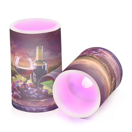 Image of Flickering Flameless Candles, Wine Grass Grapes Wine Barrel LED Candles with Remote Timer, Set of 2 Battery Operated Candle for Valentine Wedding Birthday
