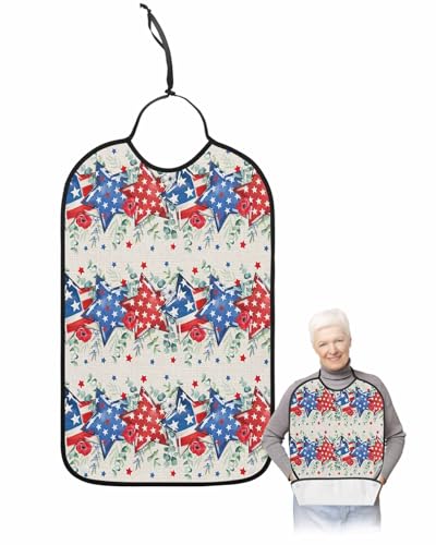 LEOKOTI 4th of July Adult Bibs for Eating, Waterproof Bibs with Food Catcher & Adjustable Snap Closure, Blue Red Star Eucalyptus Leaves Rustic Washable Clothing Protectors Adult Bibs for Elderly