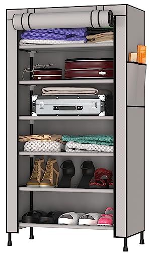 MY ARMOR 1 Door Multipurpose Foldable Wardrobe for Clothes, Multipurpose Cupboard for Storage Rack Cabinet, Foldable, Collapsible Fabric Wardrobe Organizer for Clothes, 6 Shelves/Cabin - Grey